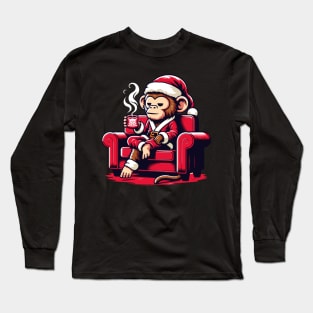 Monkey Drinking Coffee Christmas Long Sleeve T-Shirt